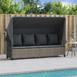 Sun Lounger with Canopy and Cushions Grey?Poly Rattan