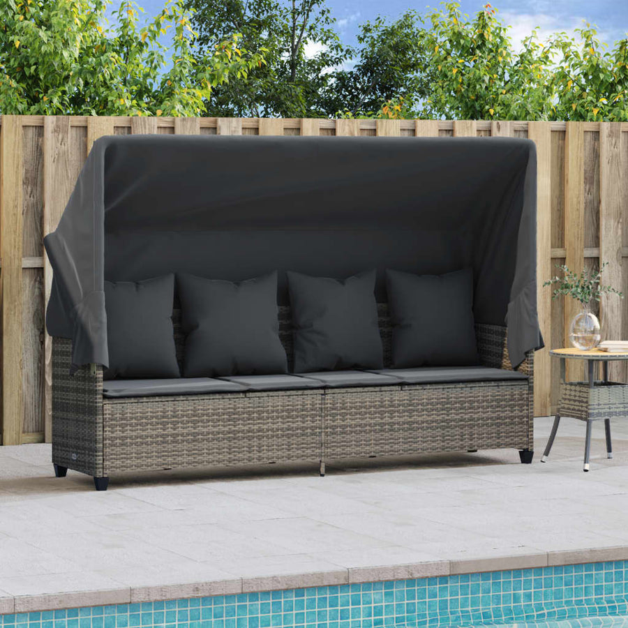 Sun Lounger with Canopy and Cushions Grey Poly Rattan