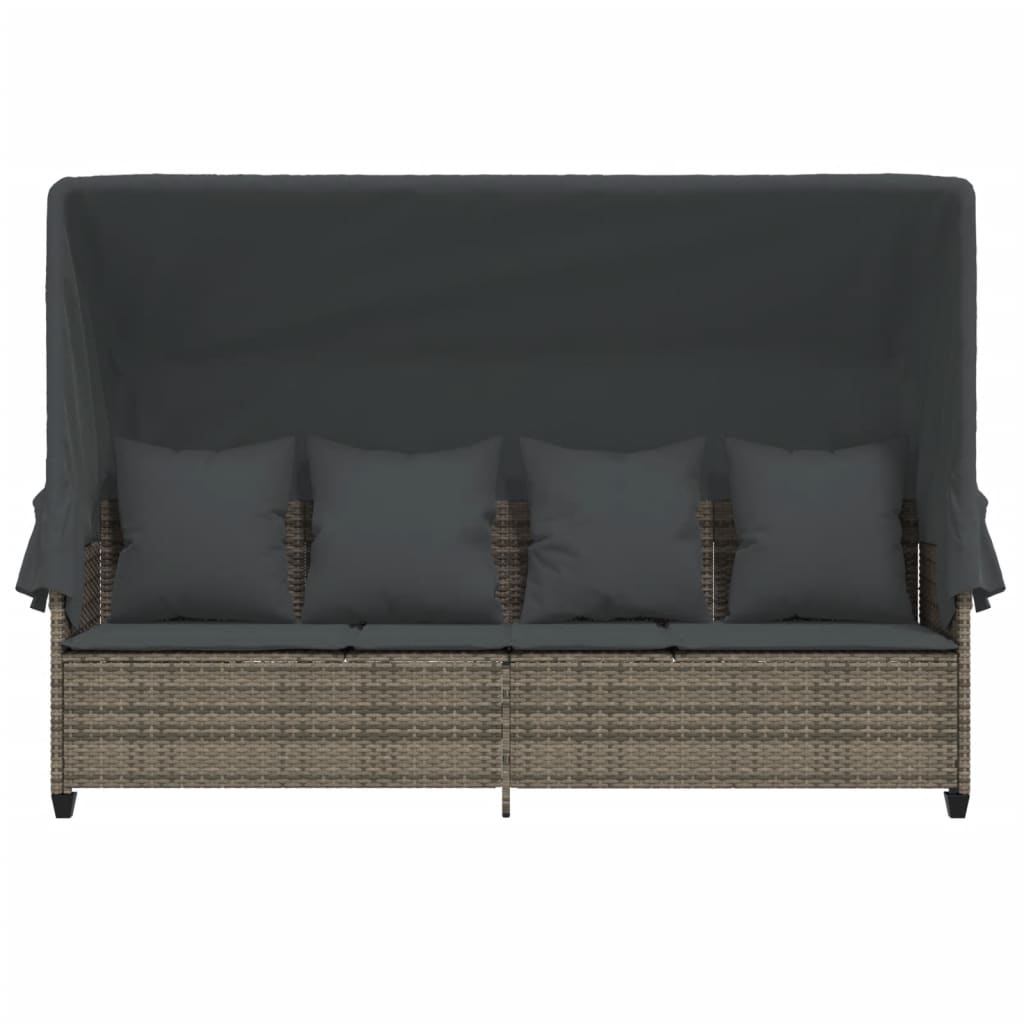 Sun Lounger with Canopy and Cushions Grey?Poly Rattan