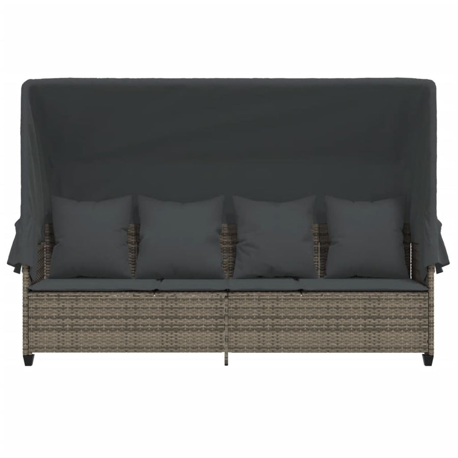 Sun Lounger with Canopy and Cushions Grey Poly Rattan