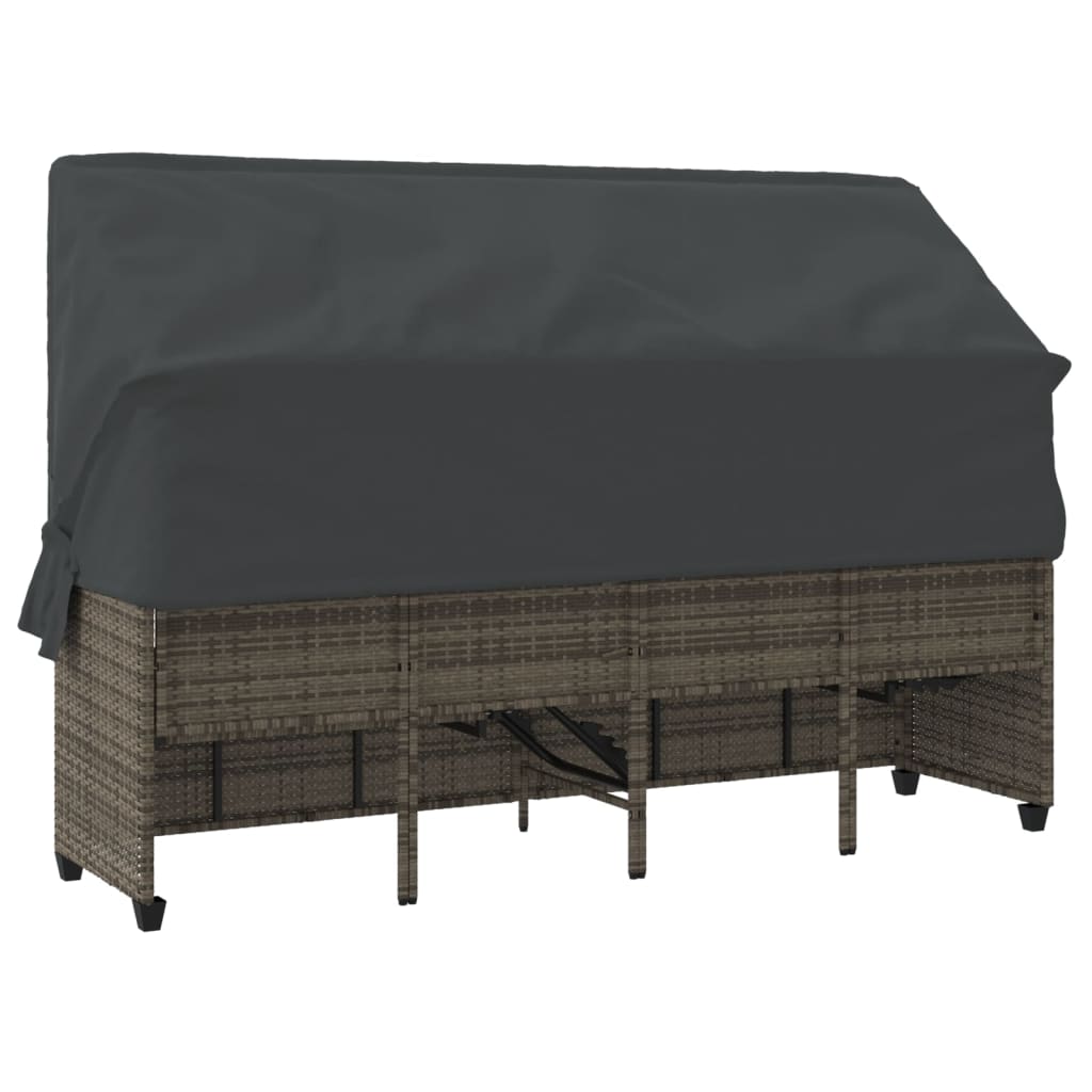 Sun Lounger with Canopy and Cushions Grey?Poly Rattan