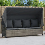 Sun Lounger with Canopy and Cushions Grey?Poly Rattan
