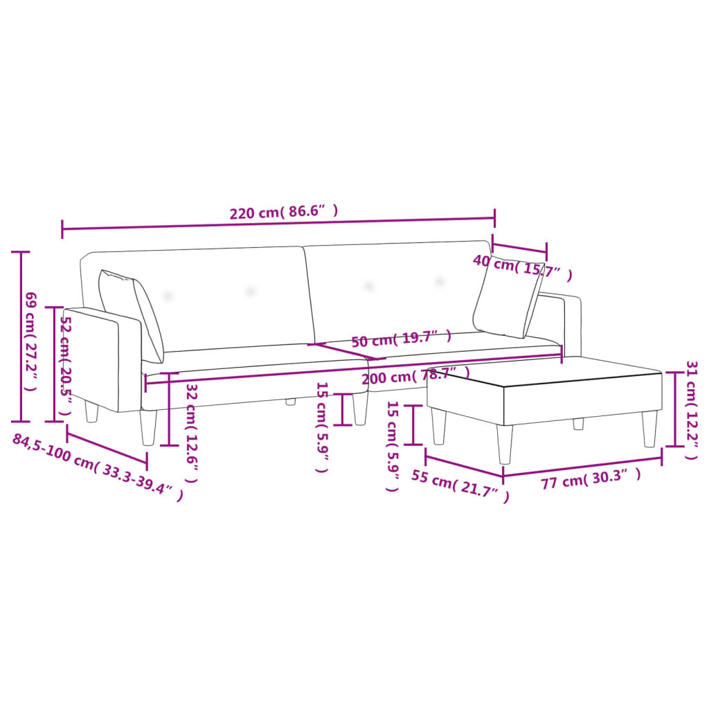 2-Seater Sofa Bed with Footstool Black Fabric