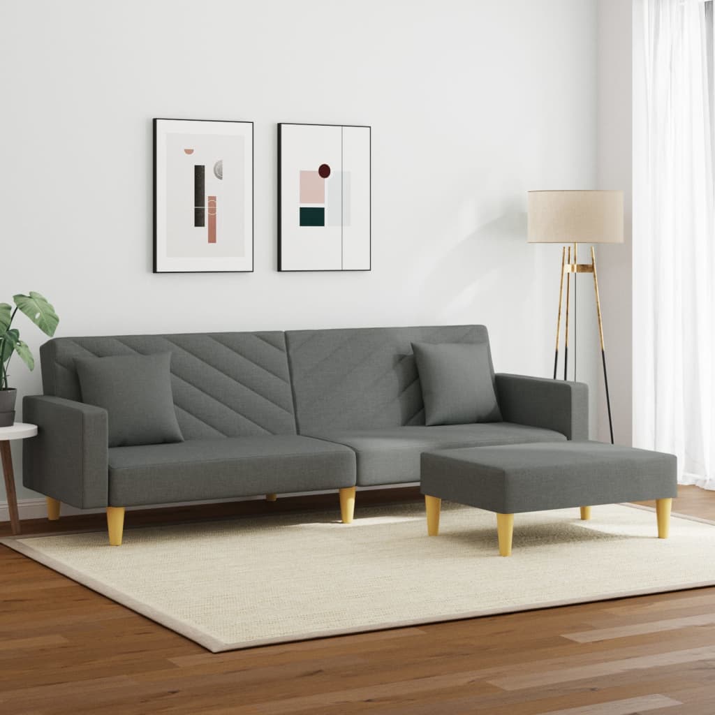 2-Seater Sofa Bed with Pillows and Footstool Dark Grey Fabric