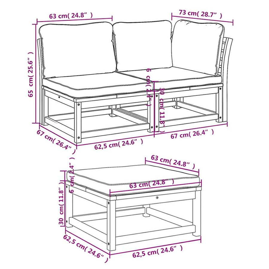 3 Piece Garden Lounge Set with Cushions Solid Wood Acacia