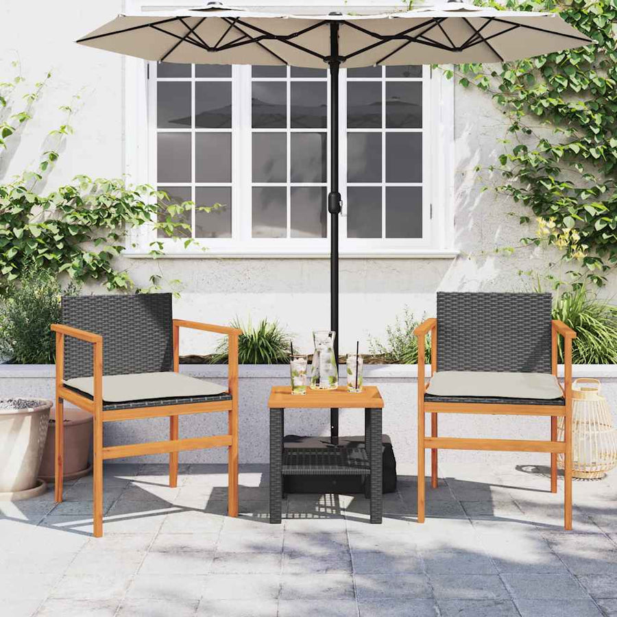 Garden Chairs with Cushions 2 pcs Black Poly Rattan&Solid Wood