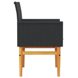 Garden Chairs with Cushions 2 pcs Black Poly Rattan&Solid Wood - Rear View