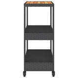 Bar Cart 3-Tier Black Poly Rattan and Solid Wood Acacia - Rear View