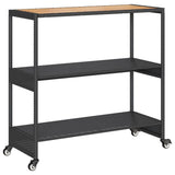 Bar Cart 3-Tier Black Poly Rattan and Solid Wood Acacia - Close-Up Angle