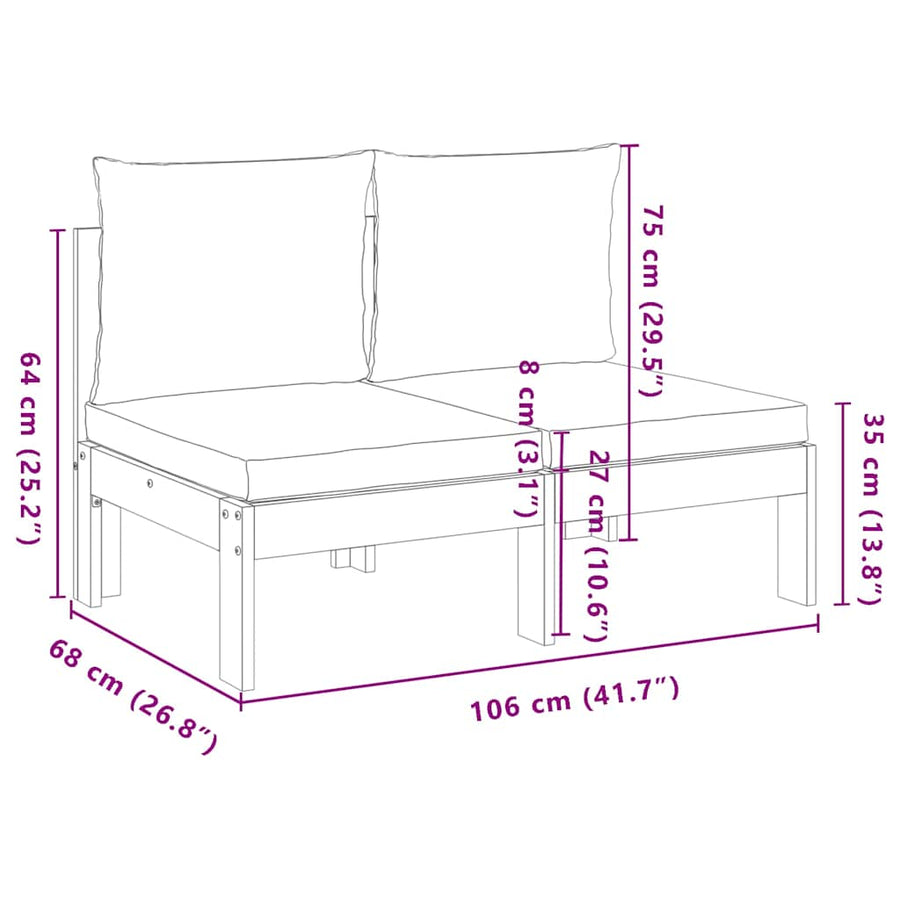 Garden Sofa Armless with Cushions 2-Seater Solid Wood Acacia