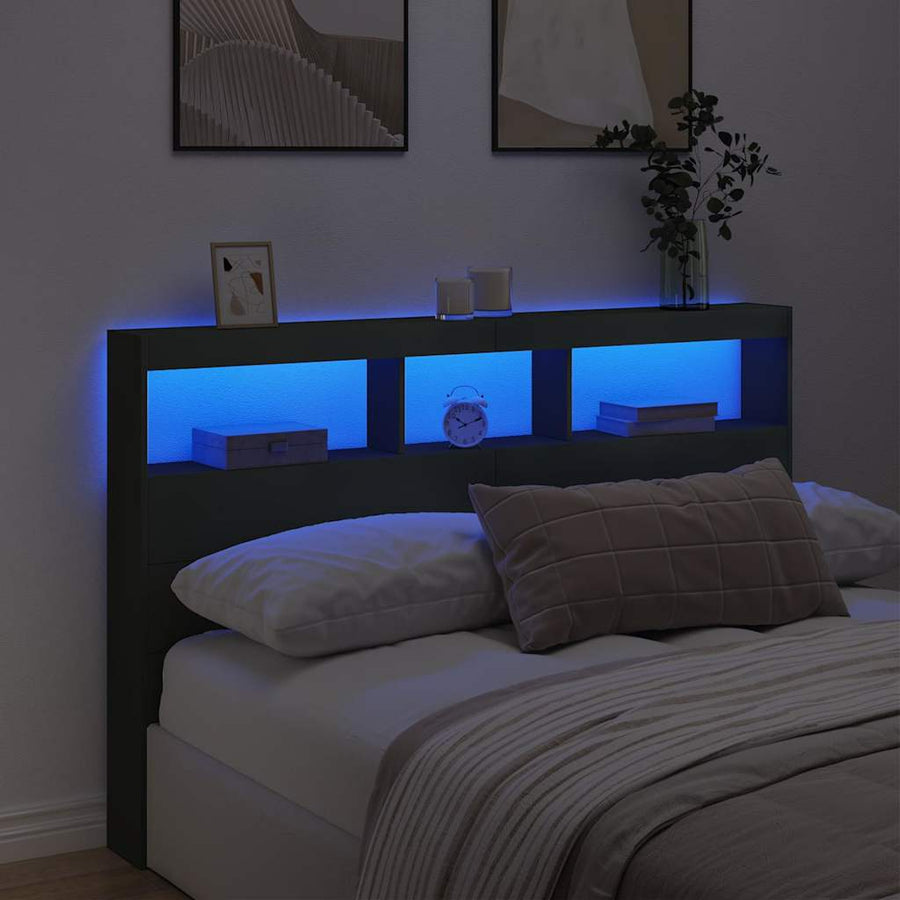 Headboard Cabinet with LED Black 160 cm