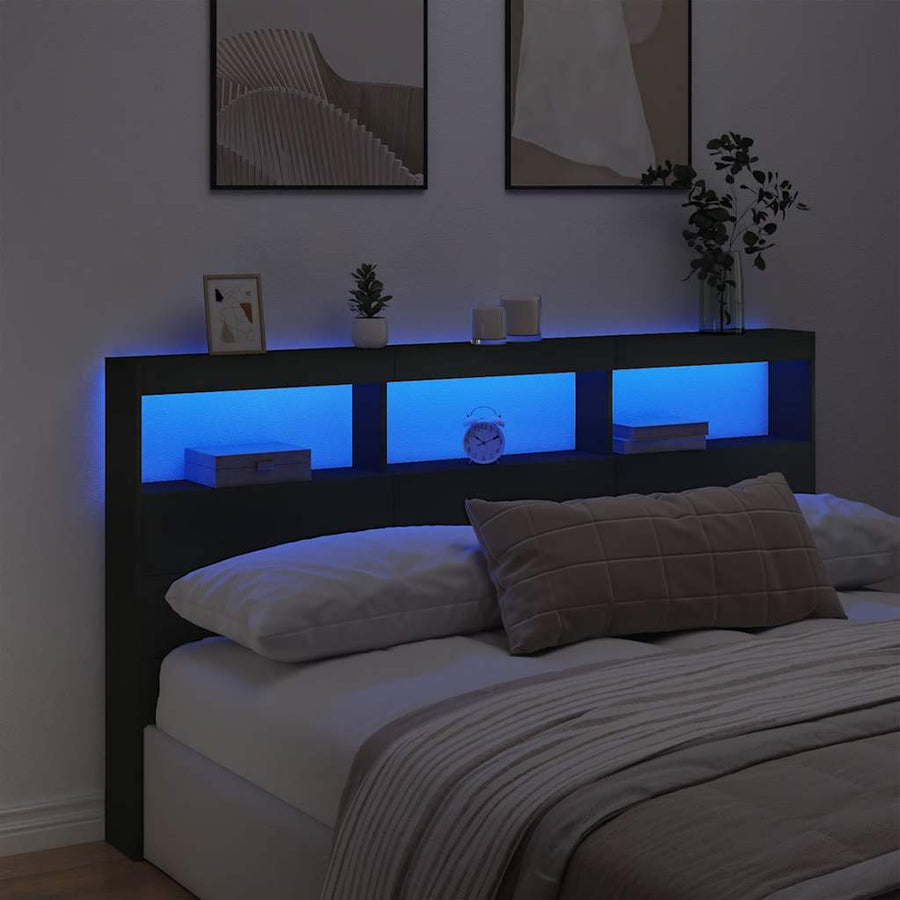 Headboard Cabinet with LED Black 180 cm