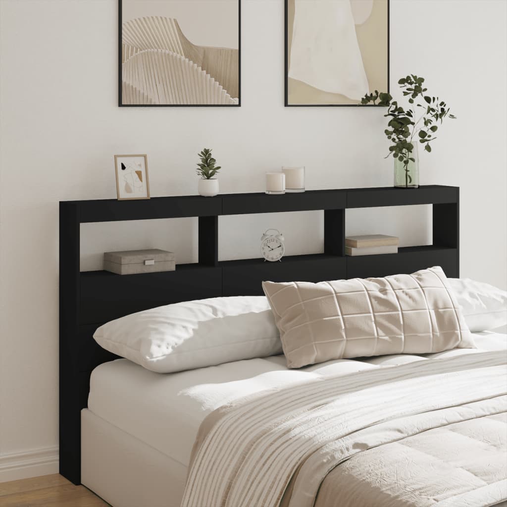 Headboard Cabinet with LED Black 180 cm