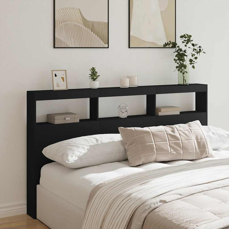 Headboard Cabinet with LED Black 180 cm