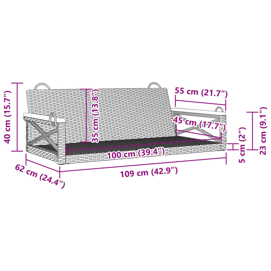 Swing Bench Grey 109x62x40 cm Poly Rattan