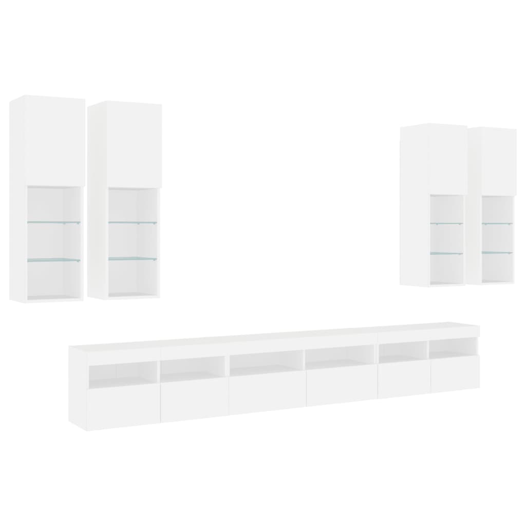 7 Piece TV Wall Cabinet Set with LED Lights White