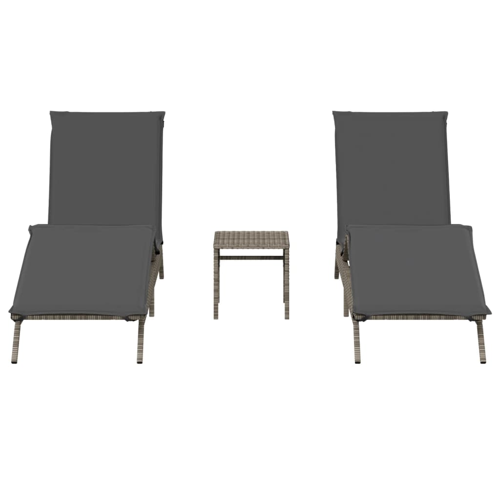 Sun Loungers 2 pcs with Table Grey Poly Rattan