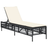 Sun Lounger with Cushion Black Poly Rattan - Front View