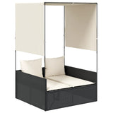 Double Sun Lounger with Roof and Curtains Black Poly Rattan - Front View