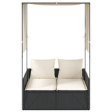Double Sun Lounger with Roof and Curtains Black Poly Rattan - Side View