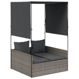 Double Sun Lounger with Roof and Curtains Grey Poly Rattan - Front View