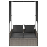 Double Sun Lounger with Roof and Curtains Grey Poly Rattan - Side View