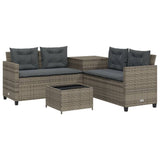 Garden Sofa with Table and Cushions L-Shaped Grey Poly Rattan - Front View