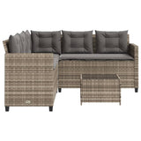 Garden Sofa with Table and Cushions L-Shaped Grey Poly Rattan - Rear View
