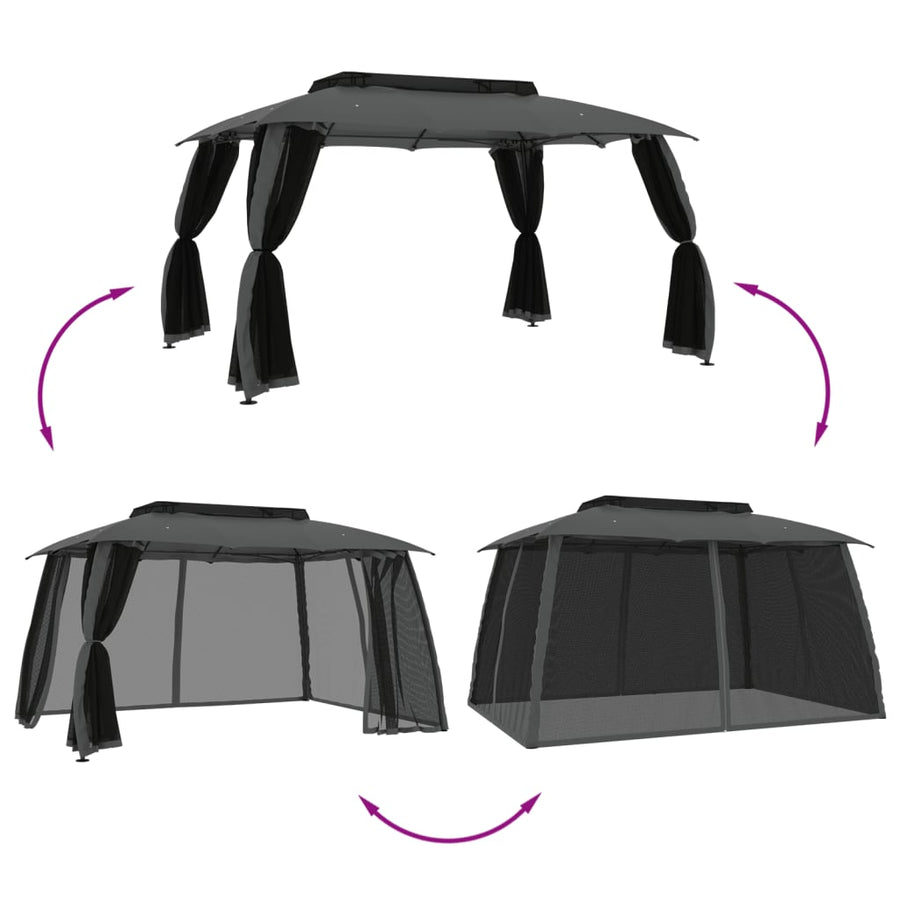 Gazebo with Double Roof&Mesh Walls Anthracite 3.93x2.93 m Steel