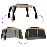 Gazebo with Double Roof&Mesh Walls Taupe 3.93x2.93 m Steel - Rear View