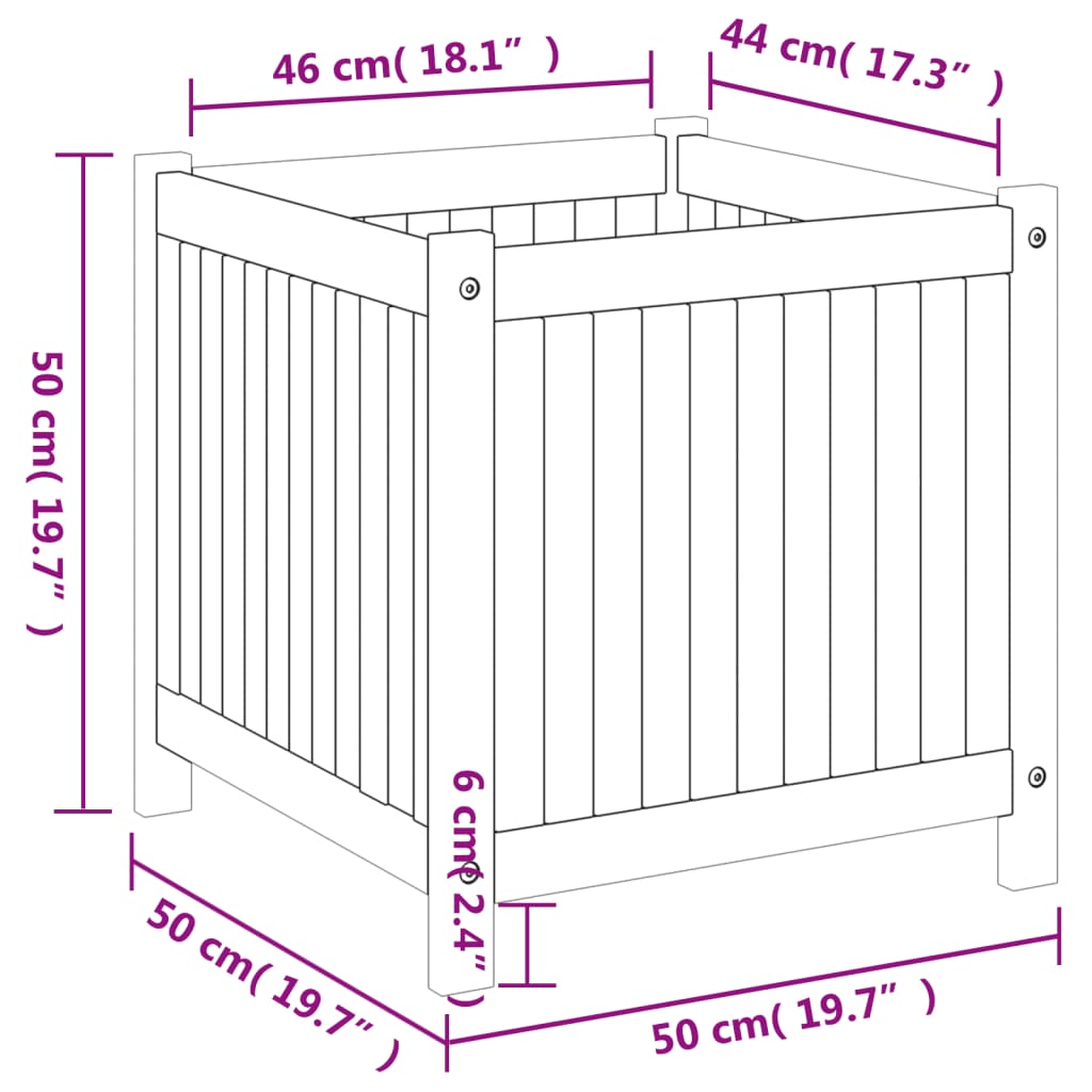 Garden Planter with Liner 50x50x50 cm Solid Wood Acacia
