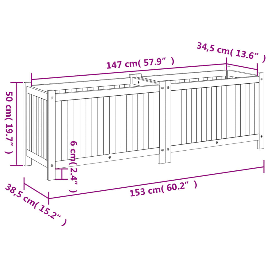 Garden Planter with Liner 153x38.5x50 cm Solid Wood Acacia