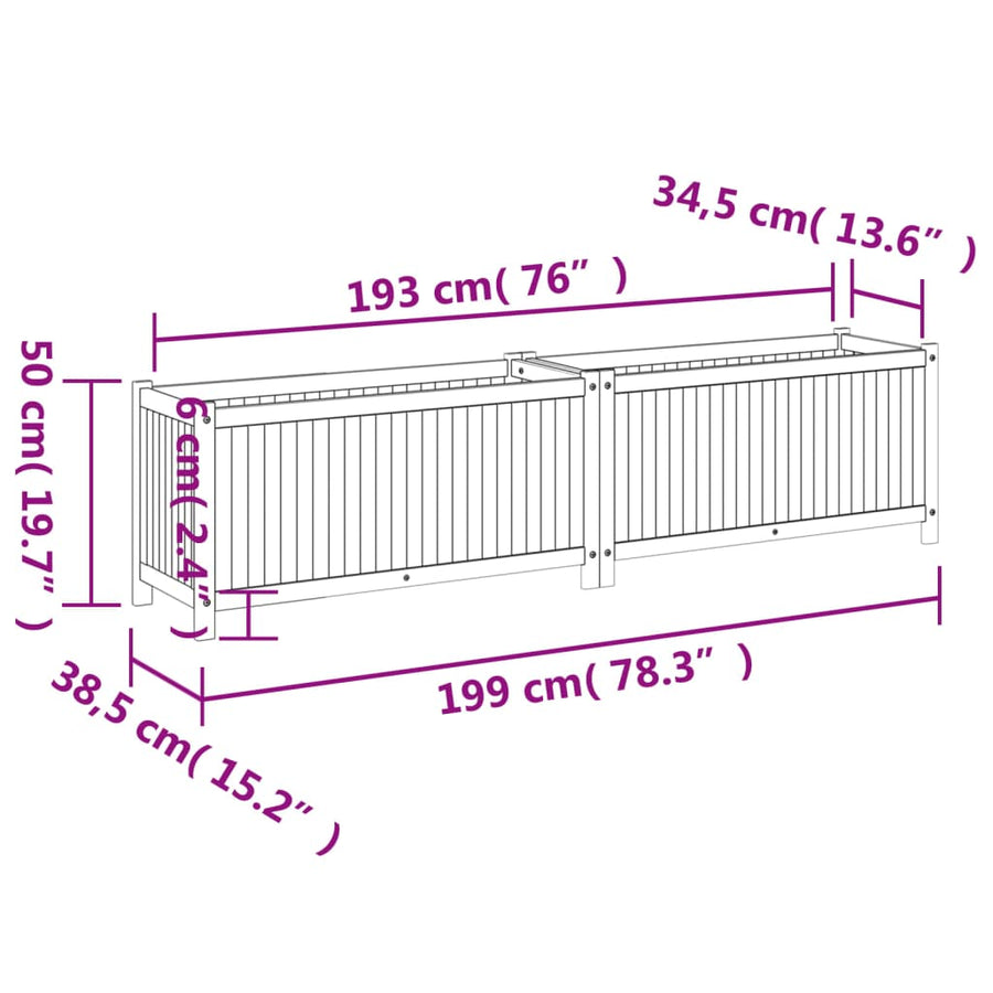 Garden Planter with Liner 199x38.5x50 cm Solid Wood Acacia
