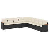 9 Piece Garden Sofa Set with Cushions Black Poly Rattan - Front View