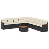 10 Piece Garden Sofa Set with Cushions Black Poly Rattan - Front View