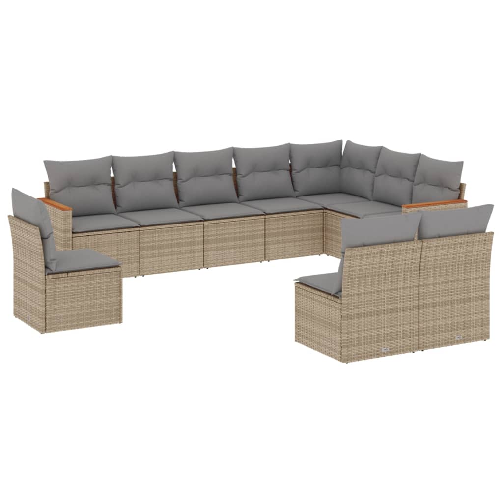 10 Piece Garden Sofa Set with Cushions Mix Beige Poly Rattan