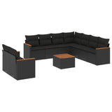 10 Piece Garden Sofa Set with Cushions Black Poly Rattan - Front View
