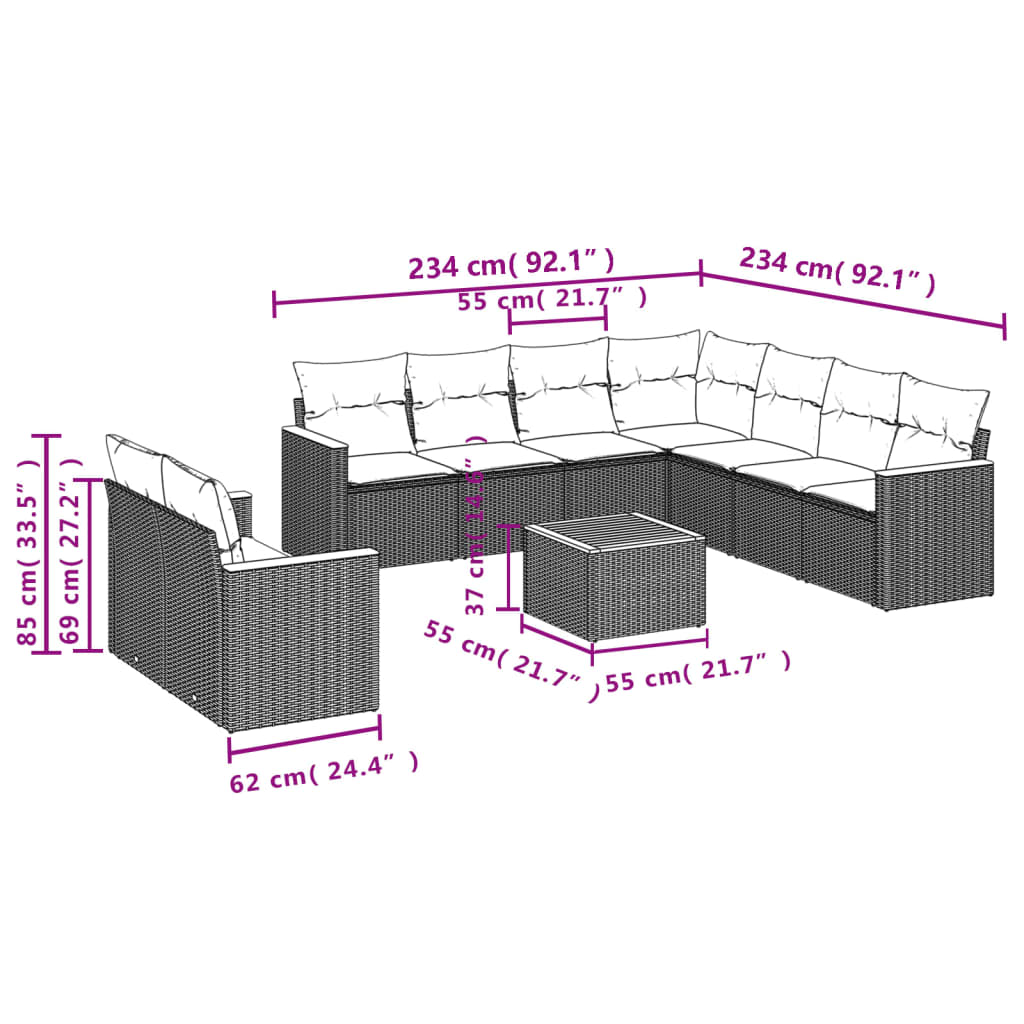 10 Piece Garden Sofa Set with Cushions Grey Poly Rattan