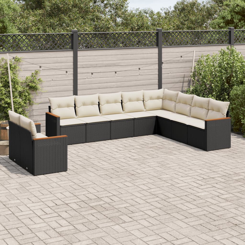 10 Piece Garden Sofa Set with Cushions Black Poly Rattan