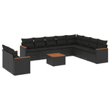 11 Piece Garden Sofa Set with Cushions Black Poly Rattan - Front View