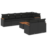 9 Piece Garden Sofa Set with Cushions Black Poly Rattan - Front View