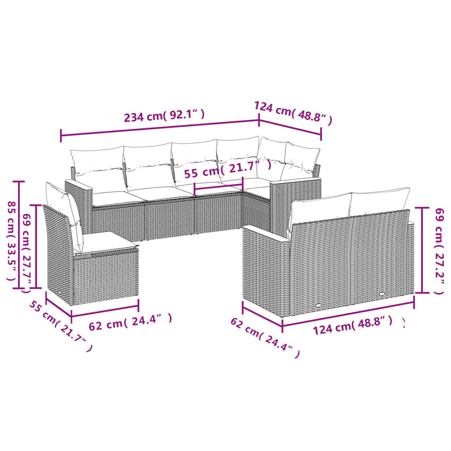 8 Piece Garden Sofa Set with Cushions Grey Poly Rattan