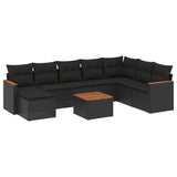 9 Piece Garden Sofa Set with Cushions Black Poly Rattan - Front View