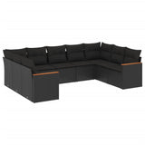 9 Piece Garden Sofa Set with Cushions Black Poly Rattan - Front View