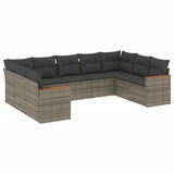 9 Piece Garden Sofa Set with Cushions Grey Poly Rattan - Front View