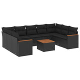 10 Piece Garden Sofa Set with Cushions Black Poly Rattan - Front View