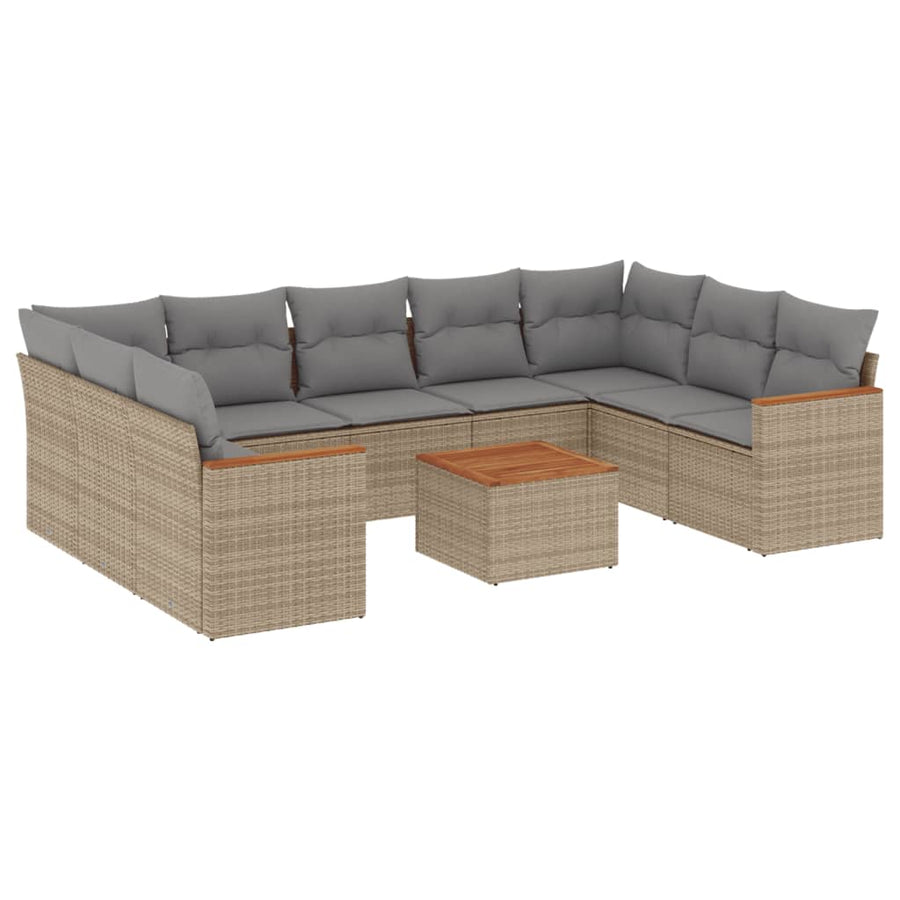 10 Piece Garden Sofa Set with Cushions Mix Beige Poly Rattan