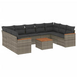 10 Piece Garden Sofa Set with Cushions Grey Poly Rattan - Front View