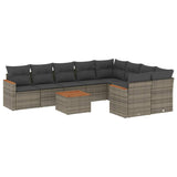 10 Piece Garden Sofa Set with Cushions Grey Poly Rattan - Front View