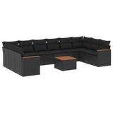 11 Piece Garden Sofa Set with Cushions Black Poly Rattan - Front View